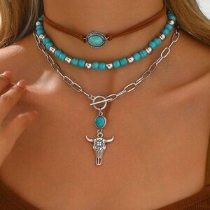3pcs/Set Western Country Boho Turquoise Bull Head Pendant Necklace Set, Vintage